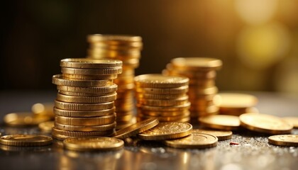 Shiny Golden Coins Stacked in Prosperity Against Dark Surface