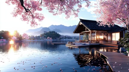 Fototapeta premium Serene Traditional Asian Painting Style with Scenic Cherry Blossoms and Tranquil Waters