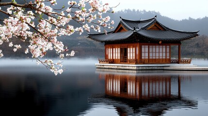 Fototapeta premium Tranquil Oriental Pavilion Surrounded by Cherry Blossoms and Reflective Water