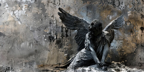 Fototapeta premium Weathered Angel Statue Against a Distressed Wall