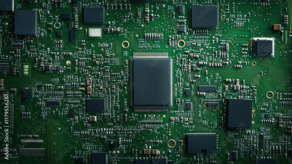 Poster closeup examination of a densely populated computer circuit board and its electronic components