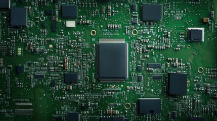 Closeup examination of a densely populated computer circuit board and its electronic components