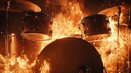 A dramatic scene of a drum set engulfed in flames, emphasizing intensity and chaos.