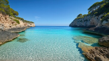 Obraz premium Secluded Mediterranean Cove Turquoise Waters, Rocky Shores, Sunny Day