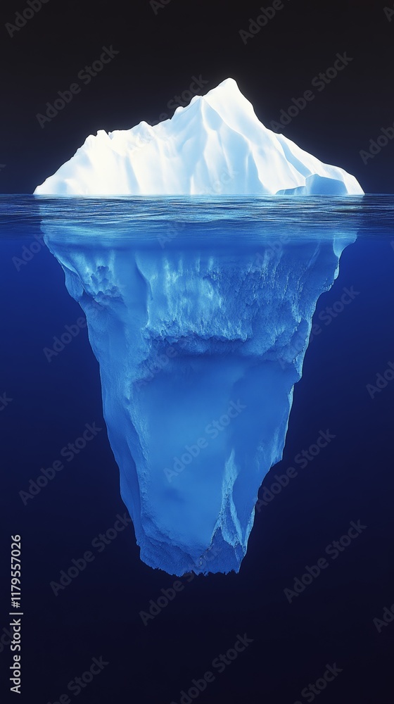 Poster Iceberg floating in dark blue water showing a small tip over the water surface and a huge part submerged, concept of hidden danger, problem or power