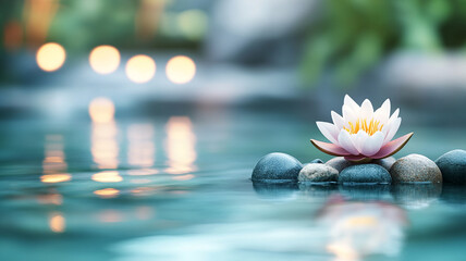 Beautiful lotus flower floating on calm water with bokeh lights and spa stones, creating peaceful zen atmosphere meditation setting
