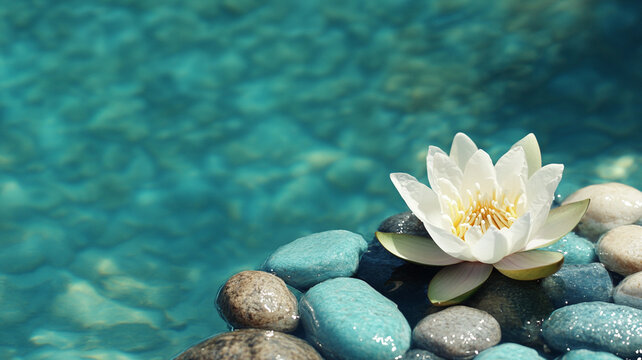 Beautiful white lotus flower blooming on turquoise water with zen stones creating peaceful spa atmosphere and meditation concept