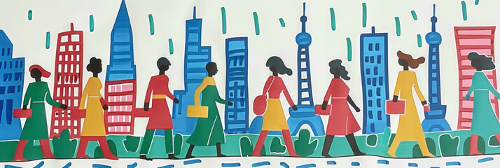 Fototapeta premium Diverse community walking in vibrant cityscape with colorful buildings and skyscrapers. International woman day concept