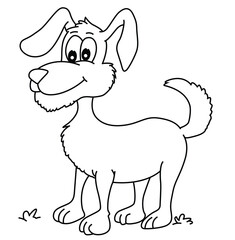 Cute cartoon hand drawn vector funny dog outline coloring book page.