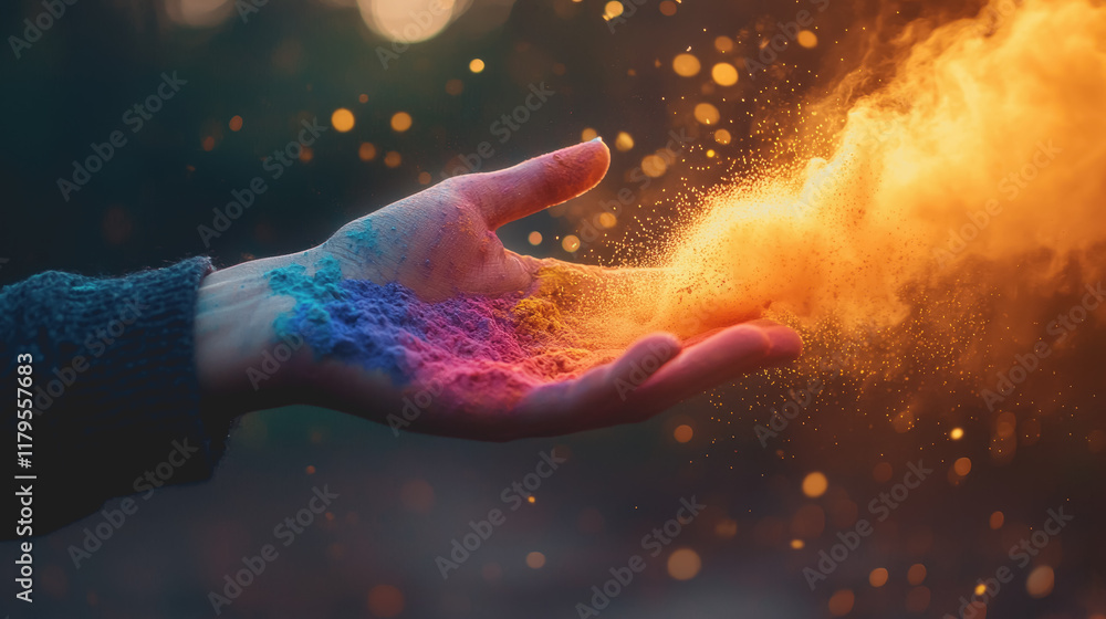 Poster a close up of a hand gripping a fine powder substance against a neutral background conveying a sense