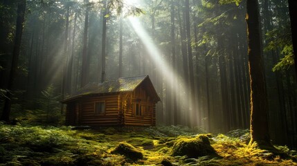Rustic wooden cabin in sunlit forest surrounded by tall evergreen trees