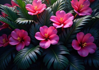 Obraz premium Vibrant pink flowers surrounded by lush green foliage in a garden setting