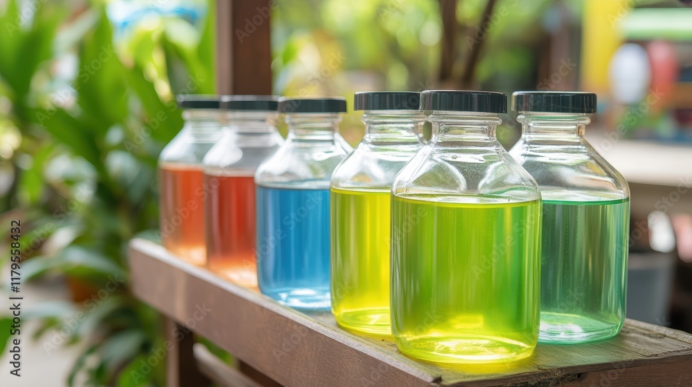Poster a vibrant row of glass bottles filled with colorful liquids displayed on tabletop.