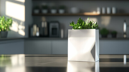 Worm's eye view: open white paper bag on stainless steel kitchen counter - stock photo. Shadowmoss. Illustration