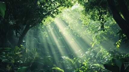 Sunbeams pierce lush jungle canopy, misty background, nature scene