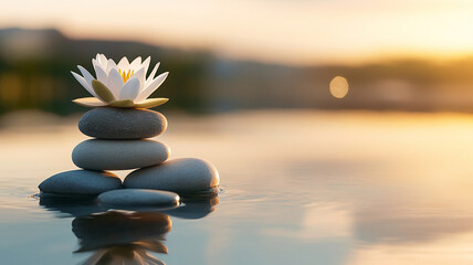 Balanced stone stack and white waterlily bloom on reflective water surface at golden hour create tranquil zen atmosphere for meditation