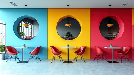 Colorful cafe interior design, circular windows, modern seating, city view, restaurant space.
