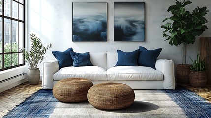 Modern Living Room Decor With Blue Accents And Natural Textures