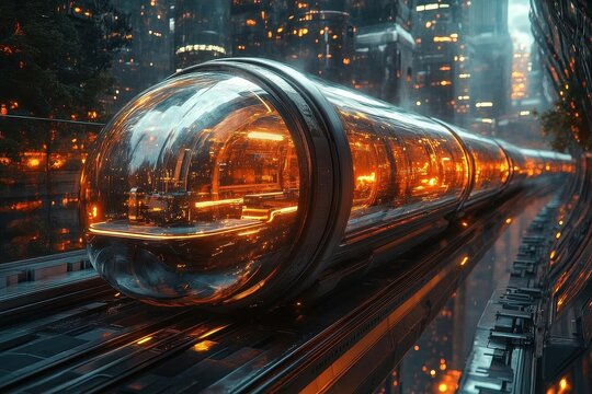 futuristic hyperloop transportation pod speeding through transparent tunnel in modern metropolis at sunset innovative mass transit technology concept