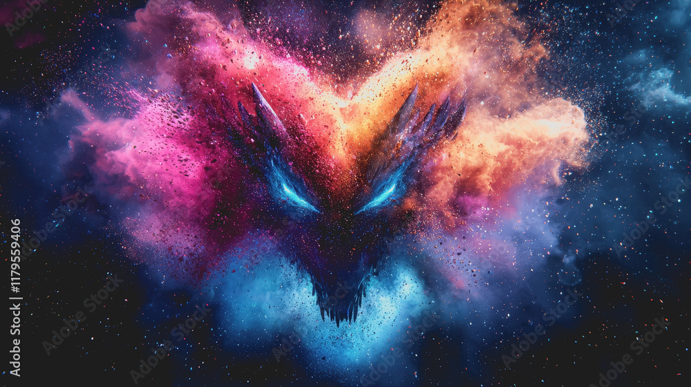 Poster vibrant and colorful bird soaring through a starry night sky illuminated by distant celestial bodies