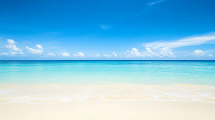 Obraz premium Tropical beach paradise with turquoise ocean water and sandy shore against bright blue sky and white fluffy clouds on summer day