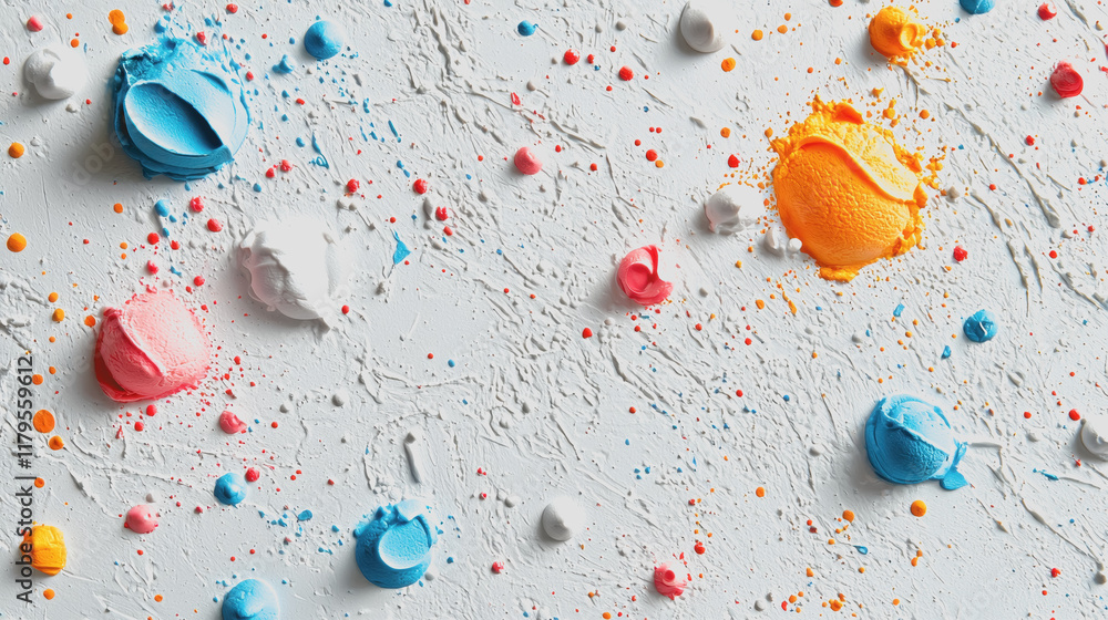 Poster vibrant abstract artwork displaying a white surface adorned with splashes of colorful paint creating