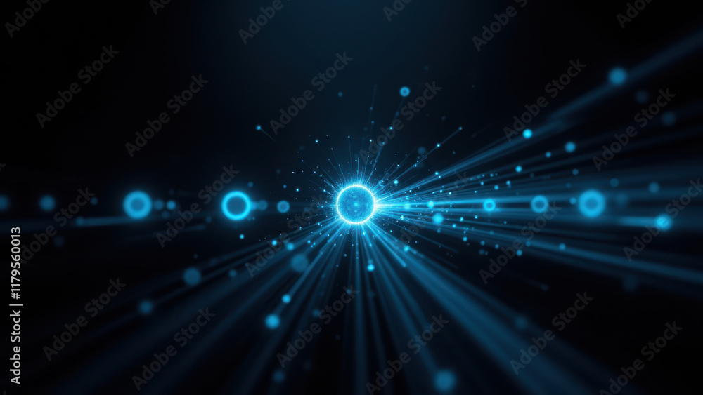 Poster abstract blue and white particle explosion background with a dark gray gradient lower border.