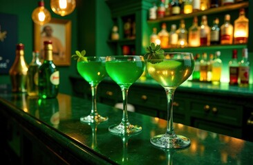 A modern St. Patrick&rsquo;s Day home bar with green cocktails, shamrock-themed decor, and gold accents