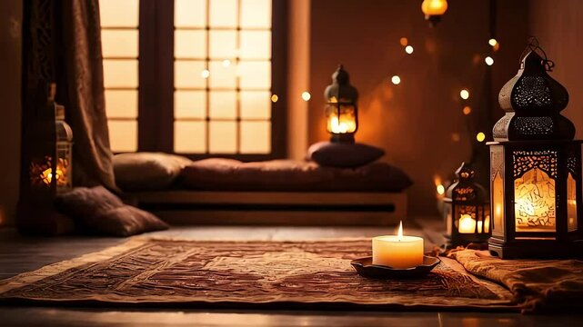 Decorative room interior glowing traditional lanterns Ramadan kareem celebration concept