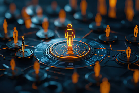 Digital network with glowing human icons representing data exchange