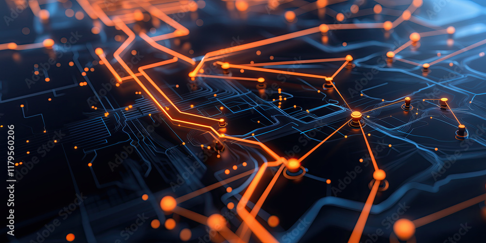 Poster digital network connections with glowing nodes and circuits