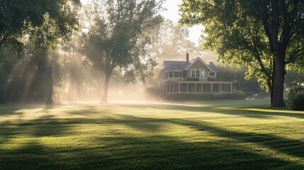 Sunlight streaming through trees illuminating vintage country house in morning