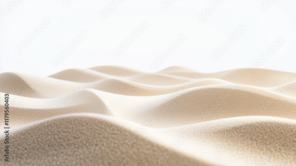 Poster smooth, undulating sand dunes create a tranquil desert landscape, presenting a clean white backdrop 