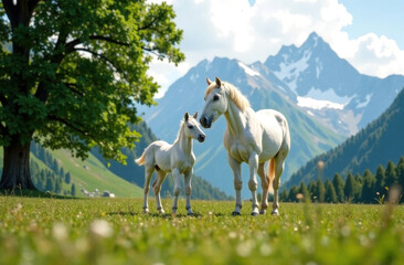Naklejka premium A white mare and foal stand on a green meadow.