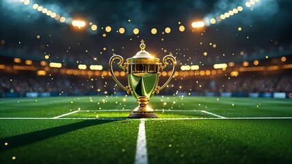 Golden championship trophy on a soccer field with glowing lights and bokeh effects in a professional stadium

