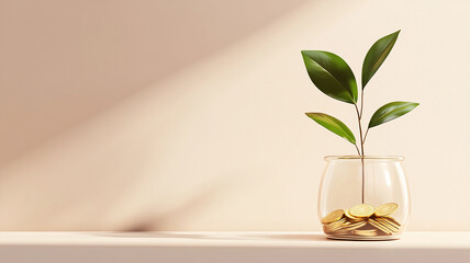 Growing plant on coins in minimal style with shadow on beige surface symbolizes financial growth and investment
