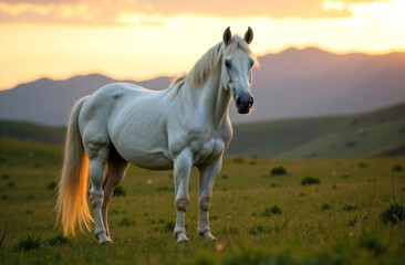 Obraz premium A white horse stands in a meadow at sunset, with mountains visible in the background.