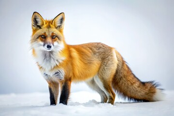 Fototapeta premium A striking wildlife image: a curious fox, bushy tail, alert ears, captured on a clean white backdrop.