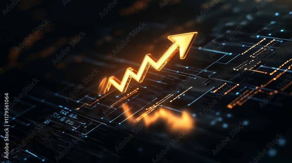 Poster golden arrow levitating above a futuristic circuit board, symbolizing growth, progress, and technolo