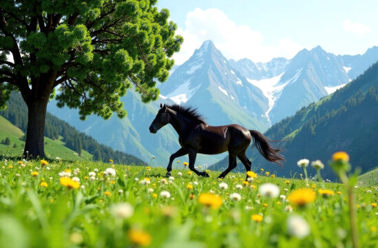 A black horse runs across a meadow on a sunny summer day against the backdrop of mountains.