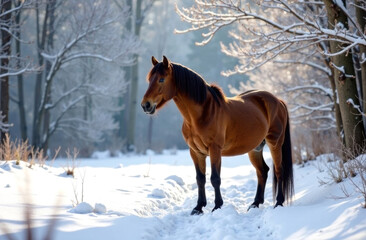 A brown horse stands in a snowy forest on a winter day.