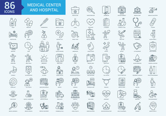 Medical center and hospital icon collection set with medical bag,search medicine,tensimeter,online pharmacy,medical shop