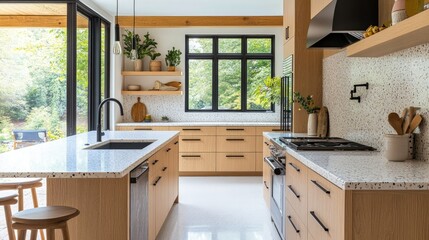 A luxury kitchen with Scandinavian-inspired design: light oak cabinets, a white terrazzo countertop, and sleek black appliances. Minimalistic yet warm and inviting.