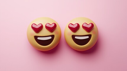 Fototapeta premium Pair of Smiling Face Emojis with Heart Eyes on Pink Background
