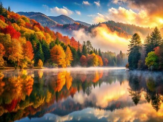 Obraz premium Autumn's embrace: lake, forest, mountains, a tranquil double exposure.