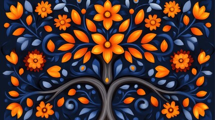 A tree ablaze with vibrant orange flowers and autumnhued leaves in picturesque landscape