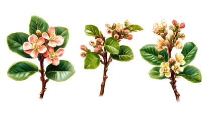 Three vector illustrations of flowers and leaves on a white background: a pink sandalwood flower, green leaves, and a brown branch with green leaves, all in a watercolor style, hand-drawn, high 