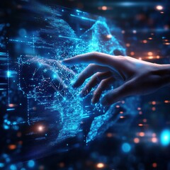 Two hands virtually touching through a transparent holographic screen, surrounded by a futuristic background with blue tones and vibrant lights.