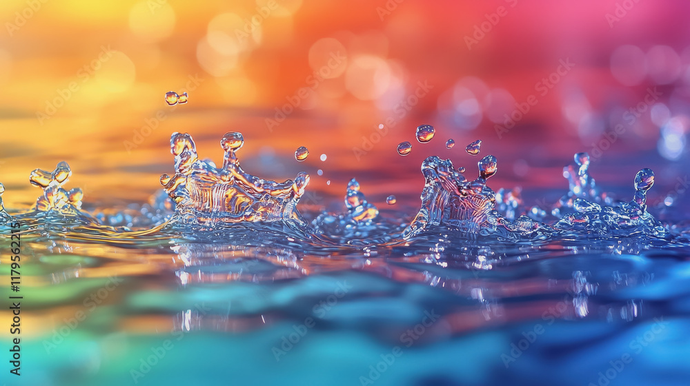 Poster vibrant water drops adorning a multicolored background creating a dynamic and refreshing visual expe