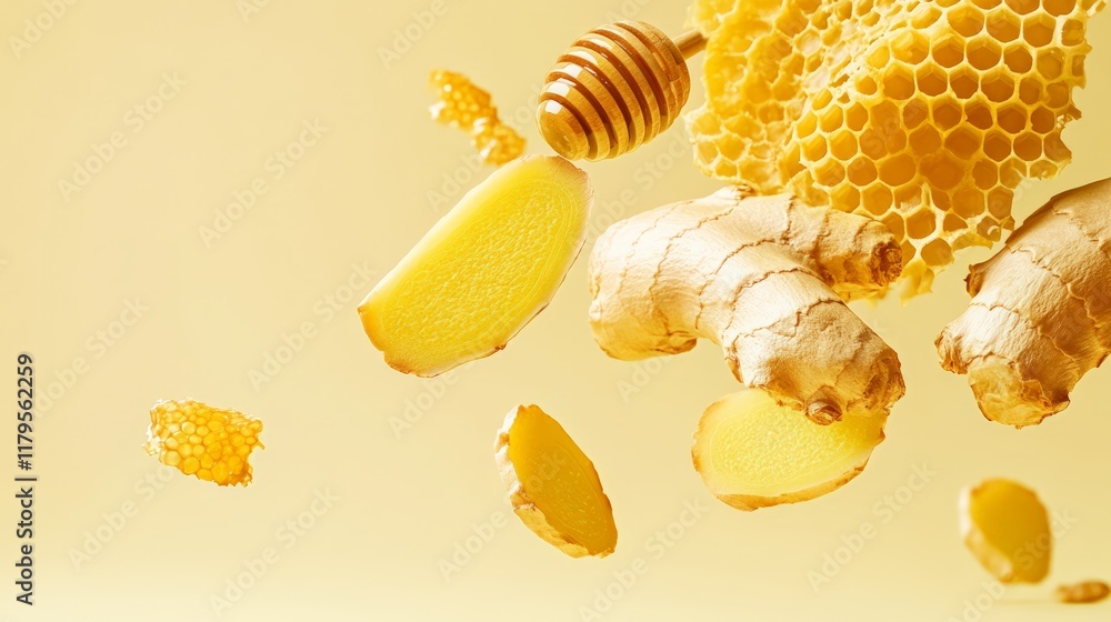 Poster pieces of fresh ginger root, ginger slices, honeycomb and honey dipper levitating on a yellow backgr